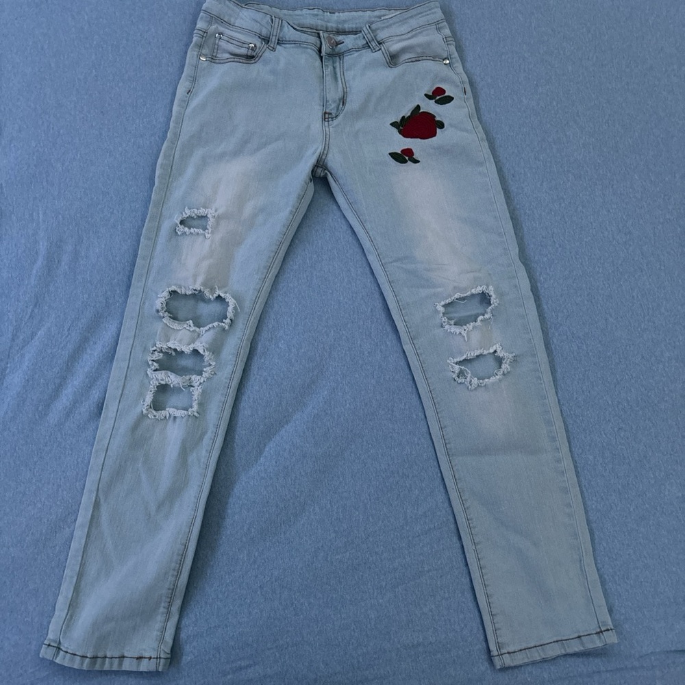30x32 stretchy printed ripped distressed jeans patches light blue